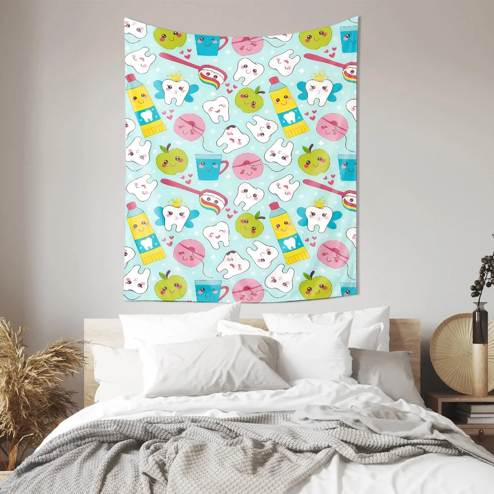 Cute Tooth Apple Toothpaste Kids Room Wall Tapestry Machine Washable All Season Decor Print Cartoon Dental Design Home non-toxic