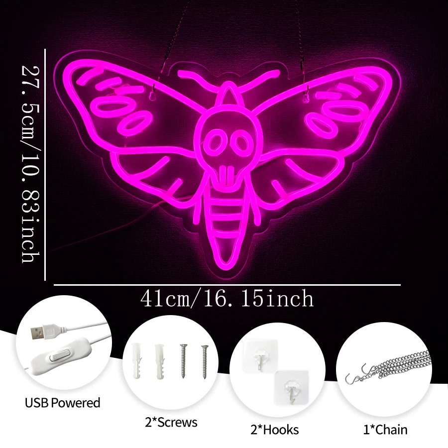 Skull Death Moth Neon Sign Pink LED Neon Light Wall Decor for Bedroom Tattoo Shop Gothic Halloween Punk Decorations Gifts