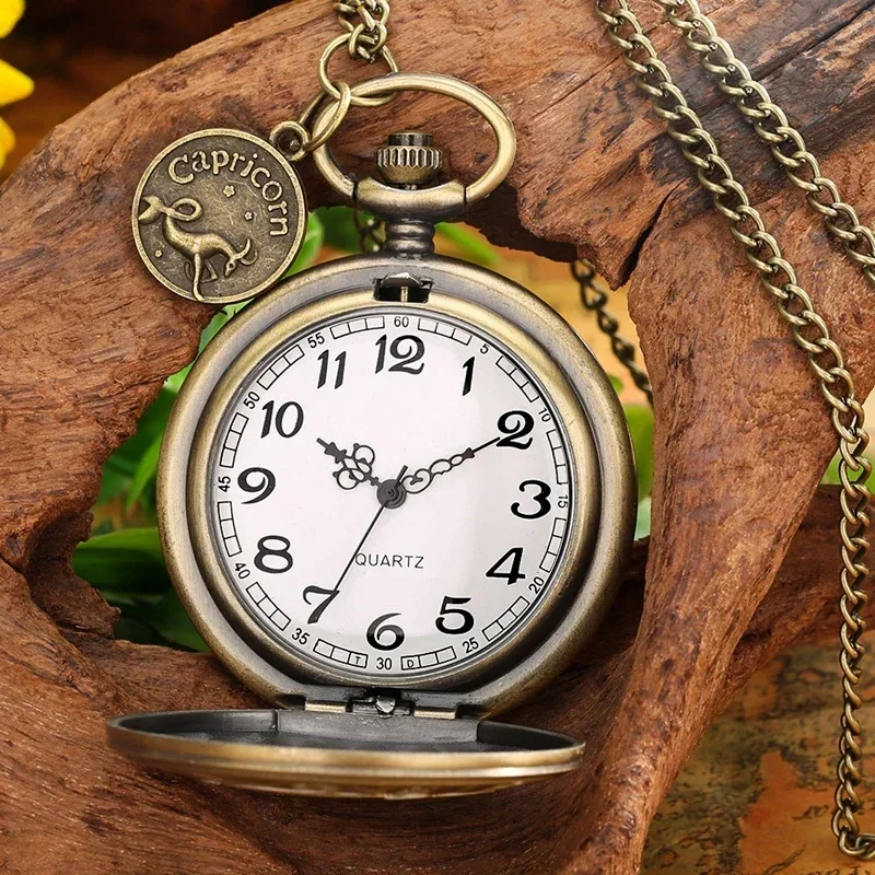 Bronze Hollow Twelve Constellation Unisex Quartz Pocket Watch Necklace Chain Arabic Numerals Display Birthday Gift reloj