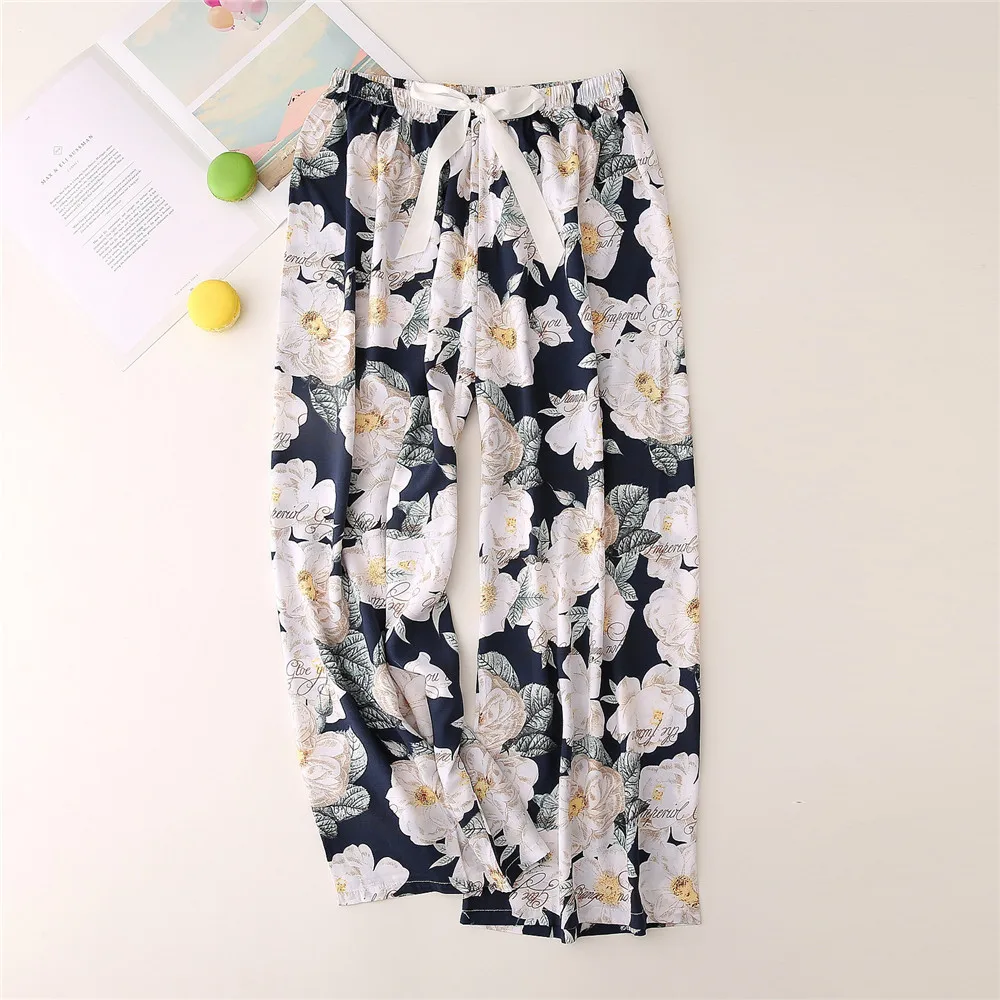 2022 Home Pants Women Spring Summer Thin Sleep Pants Floral Printed Pajama Pants Wide Leg Loose Plus Size Calf-length Bottoms