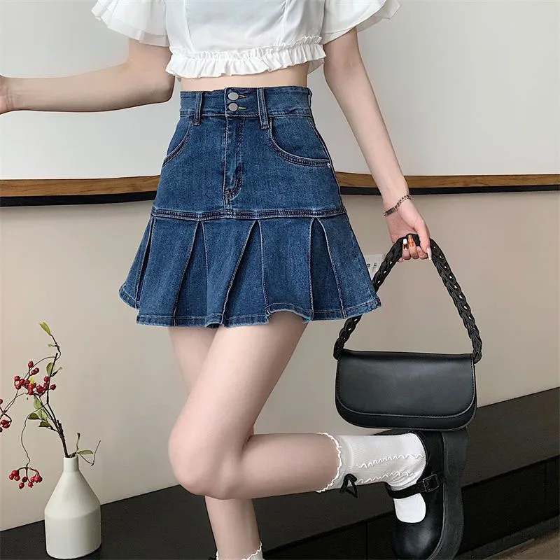 Lucyever Korean Style Women\'s Mini Denim Skirt Fashion High Waist A-Line Jean Skirts Woman 2025 Summer New Street Pleated Skirts