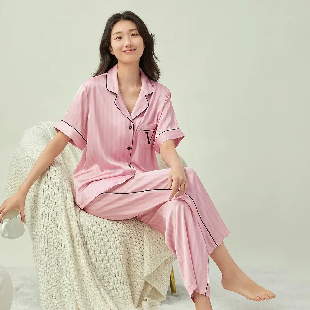 Secret pinstriped women's pajamas, silk short-sleeved trousers, ice silk loungewear, two-piece set