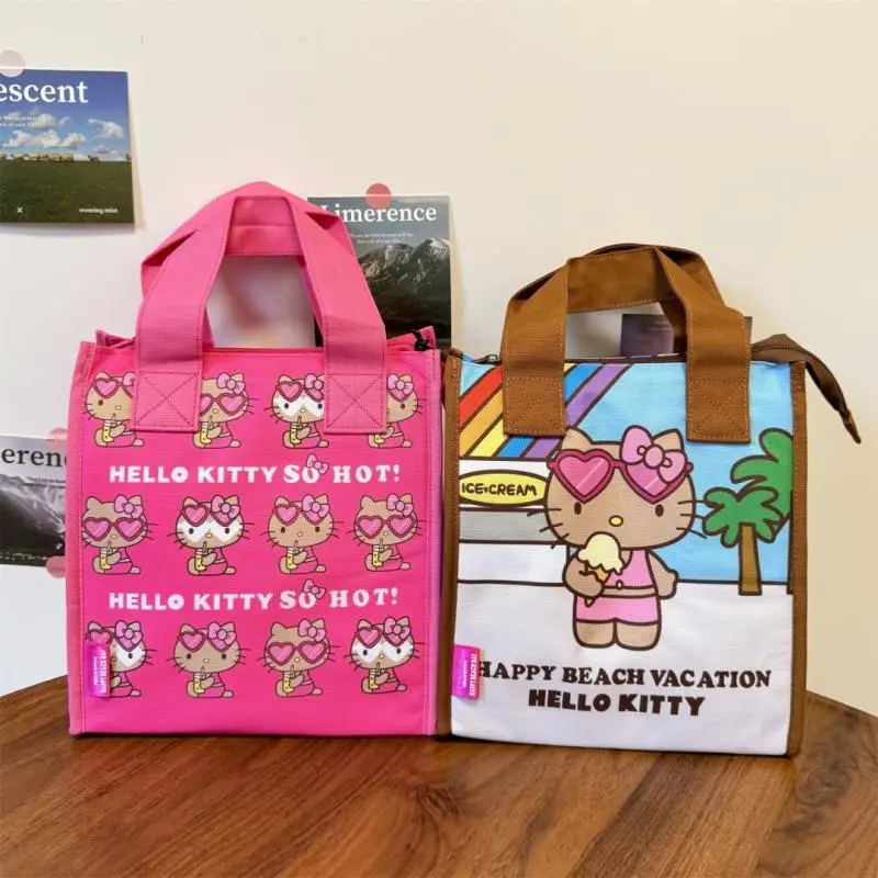 

Sanrio Hello Kitty Summer Black Leather Hawaiian Rose Red Insulation Bag Cartoon Portable Picnic Fruit Lunch Box Handbag Gifts