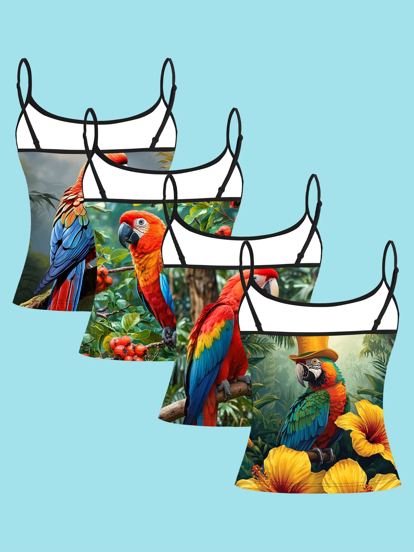 4-Piece Vintage Oil Painting Macaw Print Camisole Set with Rainforest Floral and Fruit Design, Women's Spaghetti Strap Inner Wear Base Shirt