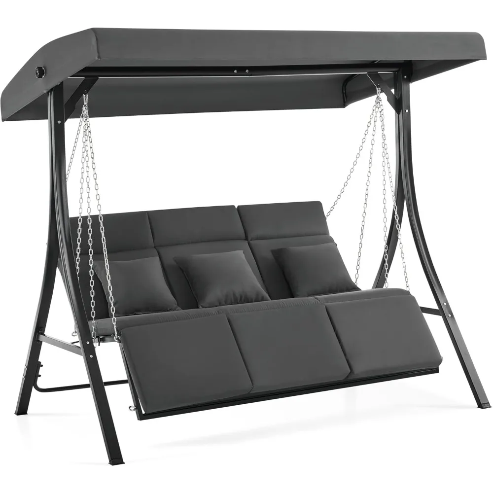 

3-Seat Convertible Porch Swing for Various Postures, Reclining Outdoor Swing Chair with Chain Armrest, Patio Glider Chair