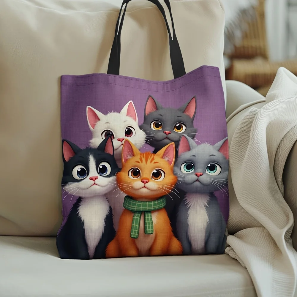 1pc Adorable Cartoon Cat Tote Bag - Durable Polyester, Vibrant Orange & White Kitten Design with Green Scarf