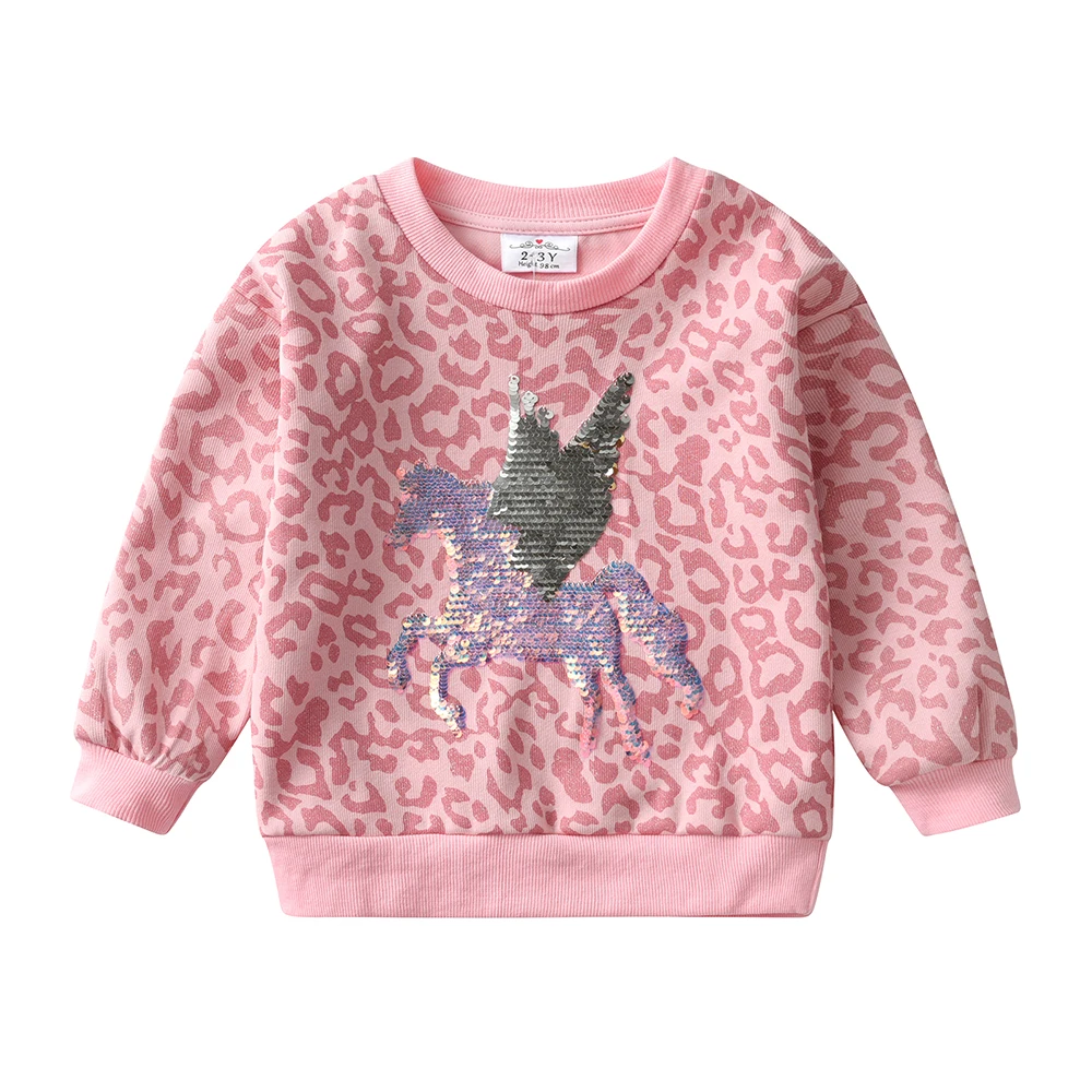 DXTON Children Sporty Tops Sequined Girls Sweatshirt Pink Leopard Printed Kids Casual O-neck Sportswear Toddler Autumn Costumes