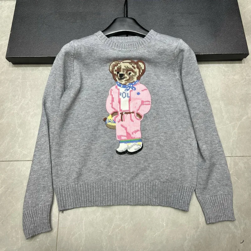 عالية الجودة ضوء الفاخرة الفرنسية الدب المطرزة محبوك سترة للنساء موضة جديدة عادية فضفاض البلوز القمم تسحب فام