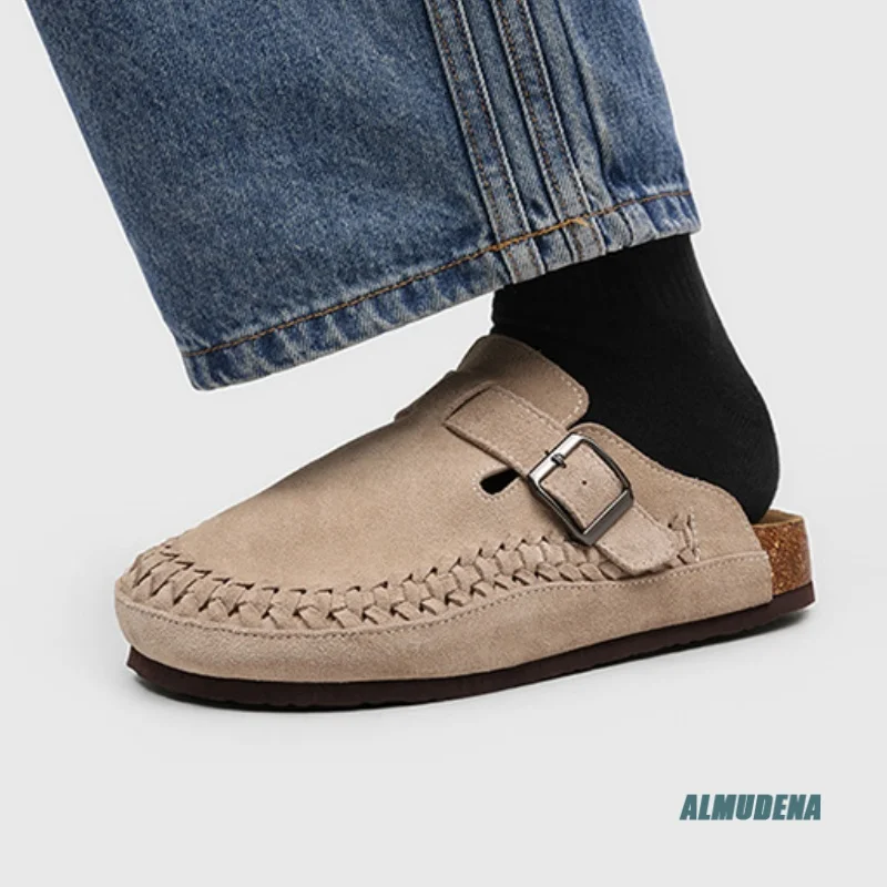

Khaki Suede Men's Woven Mule Round Toe Buckle Strap Flat Sole Street Style Urban Outdoor Minimalist Fashion Casual Shoes