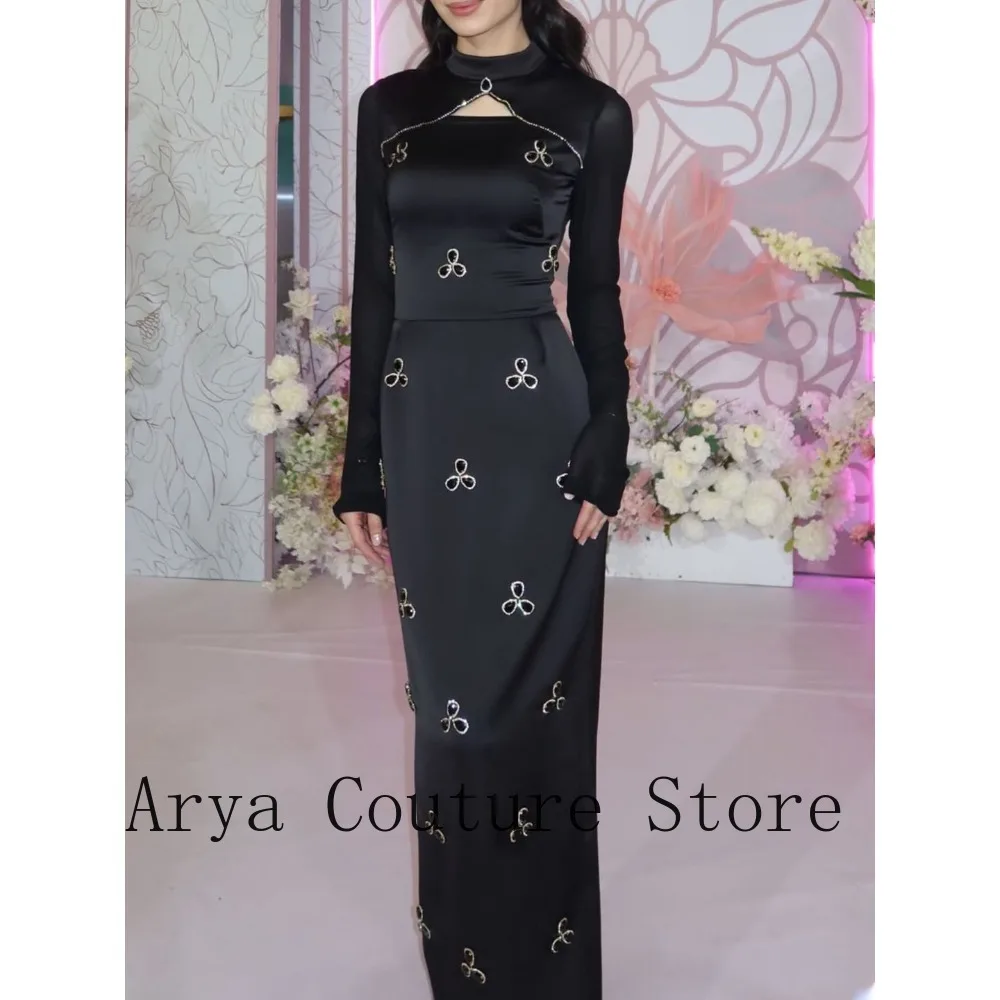 Black High Neck Keyhole Cutout Sheer Mesh Long Sleeve Metal Knot Embellishment Heavy Satin Bodycon Maxi Floor Length Formal