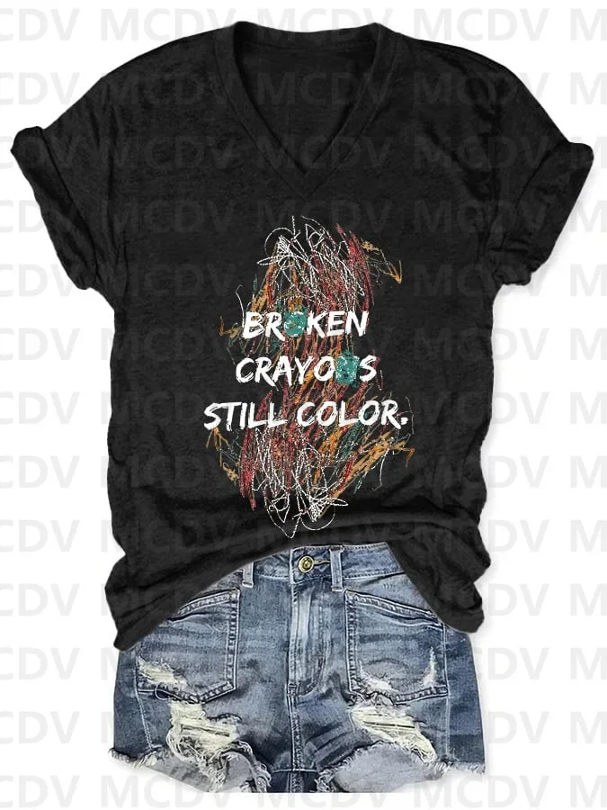 

V-Neck Retro Broken Crayons Still Color Print T-Shirt 3D All Over Printed Summer Women's T Shirts Sexy Tops