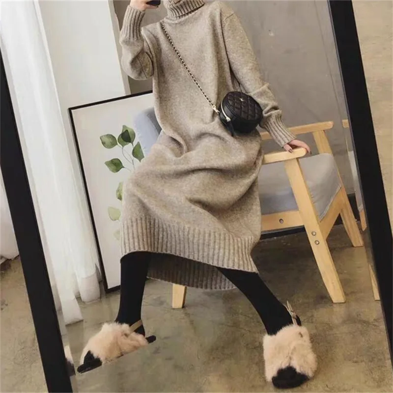 

2024 New Loose-fitting Inner-wear Basic Dress Knee-length Knitted Sweater with High Collar and Long Sleeves