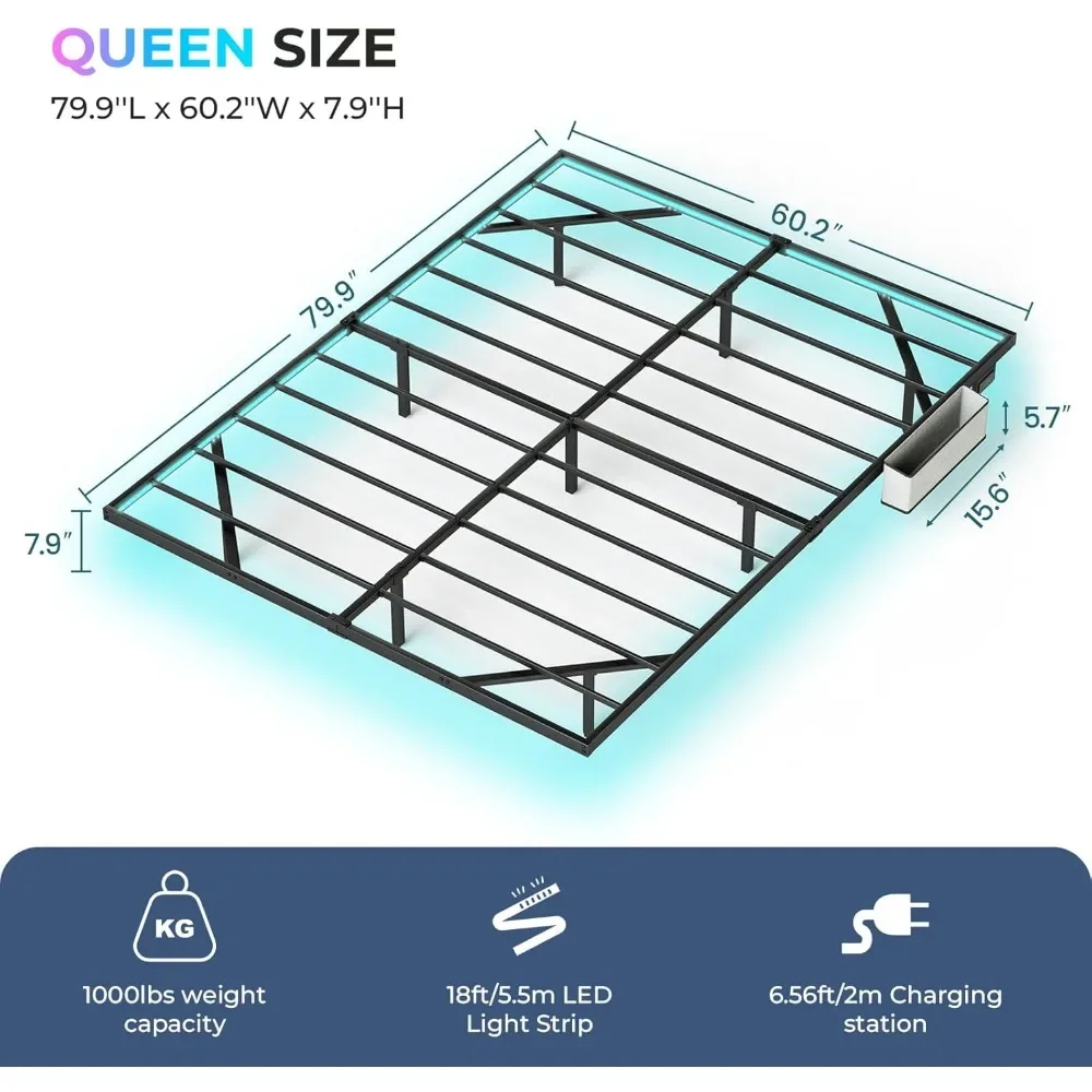 Estrutura de cama flutuante grande com rack de armazenamento de cabeceira, estrutura de cama flutuante LED com estação de carregamento, 4 blocos deslizantes de colchão