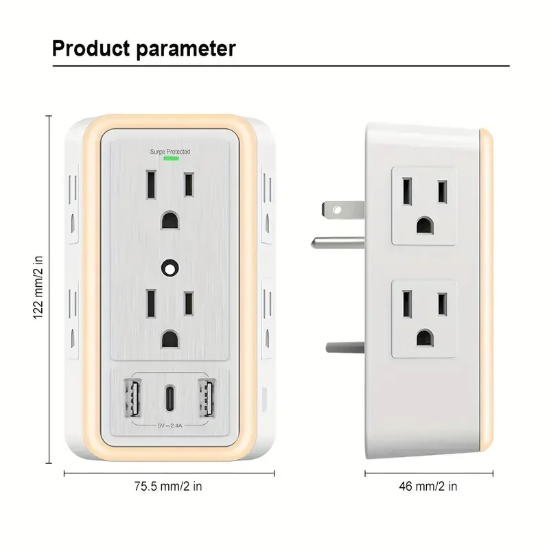 Surge Protector with 6 Outlets 3 USB Ports (1 USB C) And Night Light 3-Sided 1500J Multi Plug Wall Extension for Home Office
