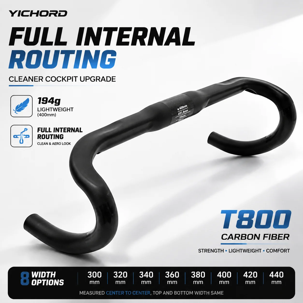 T800 Carbon-Rennradlenker Dropbar 31,8mm Vollintegrierte Kabelführung Matt Schwarz 300/320/340/360/380/400/420/440mm Leichtgewicht