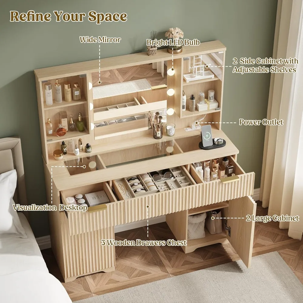 مكتب مكياج مخدد مع مرآة وأضواء، زينة خشبية مقاس 48 بوصة، وطاولة تزيين مع 3 أدراج وأرفف قابلة للتعديل، زجاج