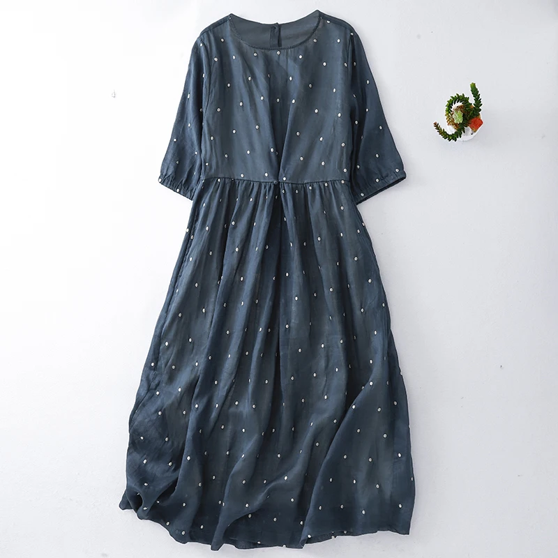 우아한 2025 프리미엄 라미 프린트 드레스 가벼운 보헤미안 시크 라운드넥 맥시 드레스 루즈핏 여름 롱 드레스 N767