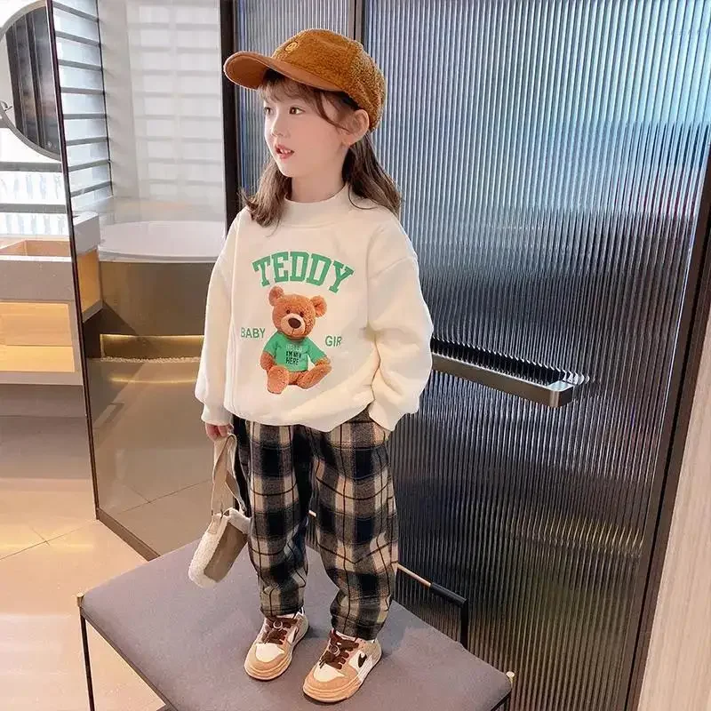 Girls' Pants 2022 Autumn and Winter New Fashion Medium and Big Children Wear Loose Casual Plaid, Brushed Ankle Banded Pants