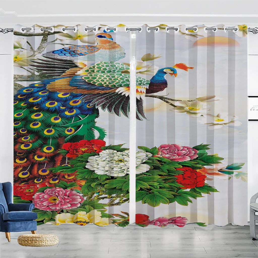 Auspicious peacock pattern digital printed curtain Master room decorated with 90 grams polyester fiber curtain fabric two panels