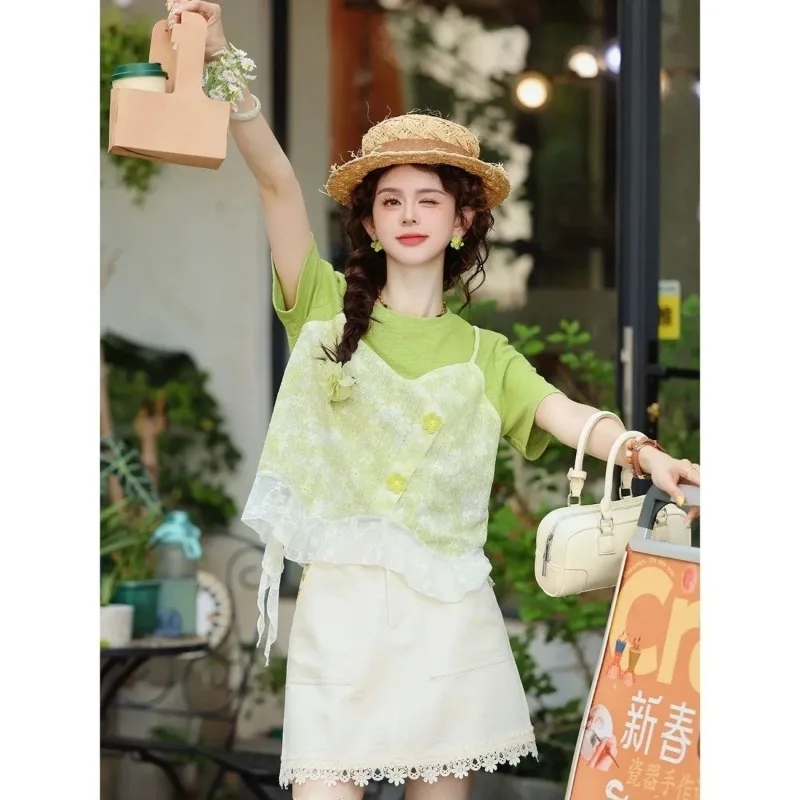 Women Clothing Summer Korean Fashion All-match Fashionable Color Blocking O-neck Fake Two Pieces Loose Lace Short Sleeve Top Tee