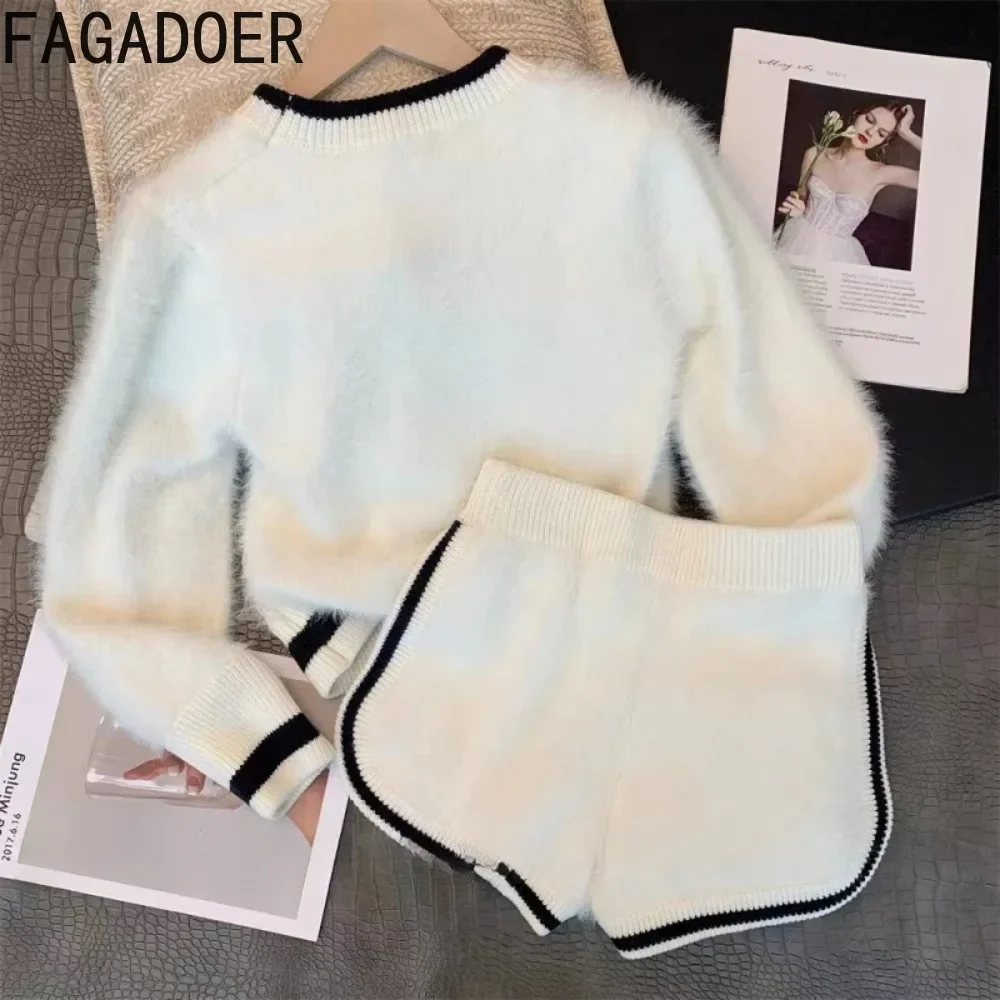 FAGADOER Fashion Knitt 2 Piece Sets Women Outfit Casual Letter Fur Patchwork Sweater Crop Top And Shorts Suits Female Streetwear