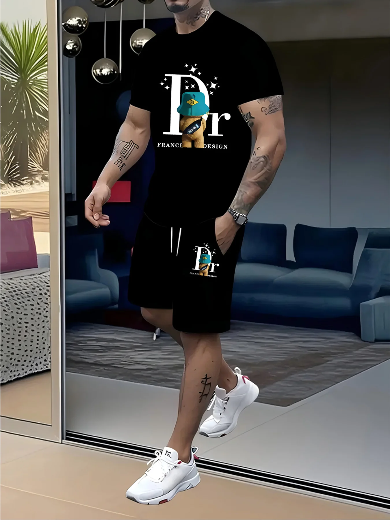 

Men's Summer Sports Casual Set, Breathable Outdoor 100% Polyester Knit Fabric, Crew Neck T-Shirt and Shorts with Dr Bear Design,