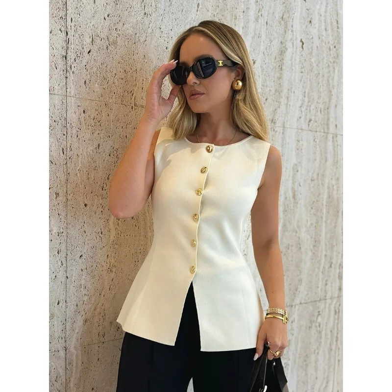 2025, neue Damen-Tanktop, Kleidung, Damenmode, goldfarbener Knopf, verziertes Strick-Unterhemd