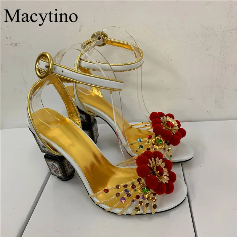 Building Block Heel Design Ladies Slippers Round Toe Flower Decor High Heel Chunky Heel Summer Fashion Party Sandals