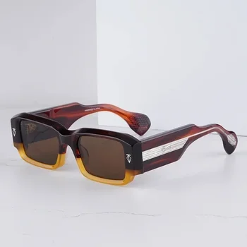 ROSSI Men's Vintage Square Striped Brown Sunglasses Luxury Craft Top Quality Thick Patchwork Acetate Solar Glasses Male