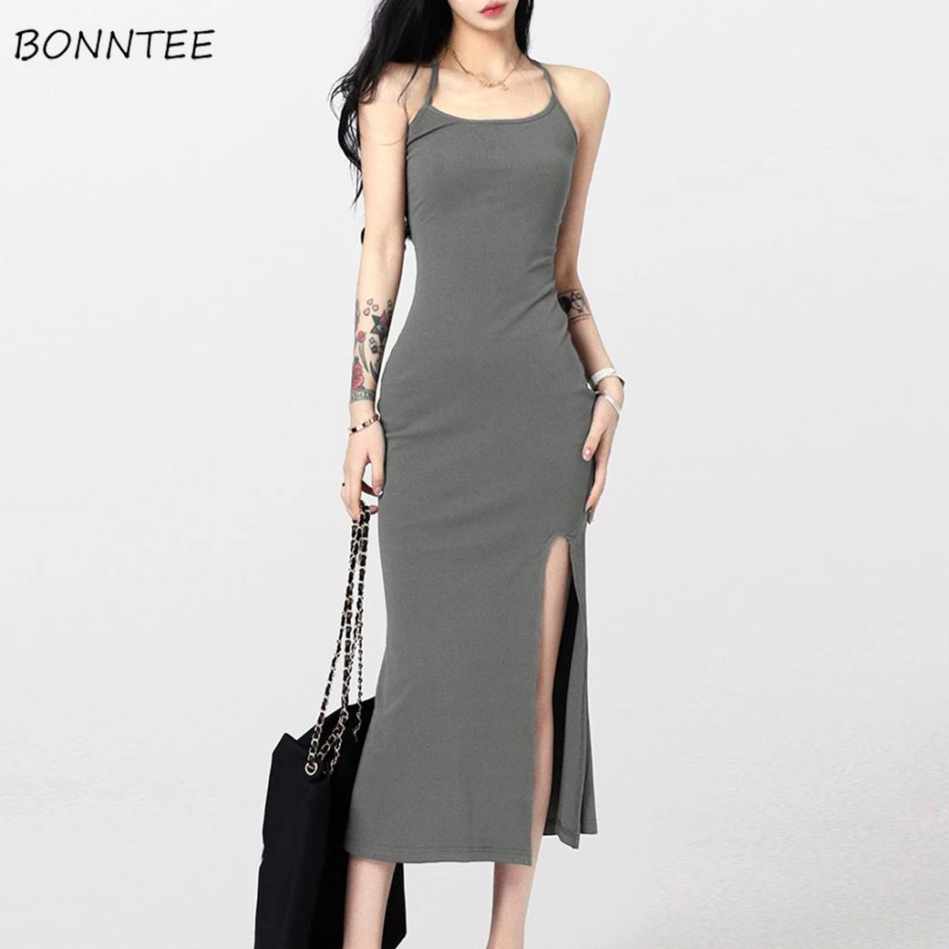 Women's Sundress Slim Backless Side-slit Korean Style Dress Sexy Girl Fashion High Street Summer Hip Wrapped Famous Lady Chic