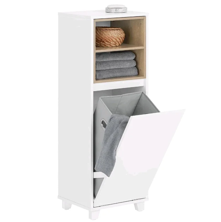 

！@Combohome Wood Bathroom Cabinet with Hamper Laundry Storage Unit Tilt-Out Chest with Open Compartments and Removable Basket