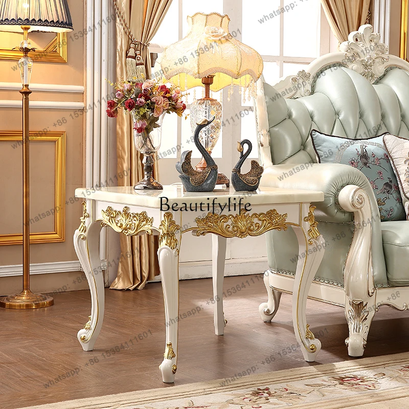 13European-Style Marble Wood Carving Matching Side Table Square Sofa Small Coffee Table