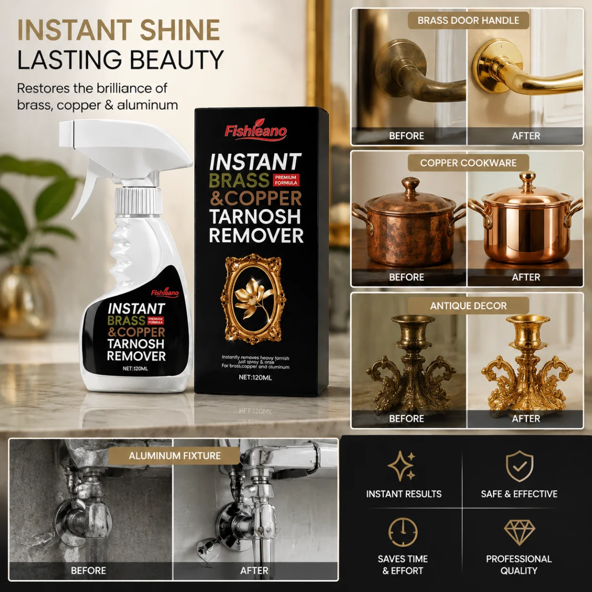 120ml Brass and Copper Tarnish Remover Harmless Non-abrasive Rust Removal & Shining Restorer Metal Polish Cleaner for Polishing