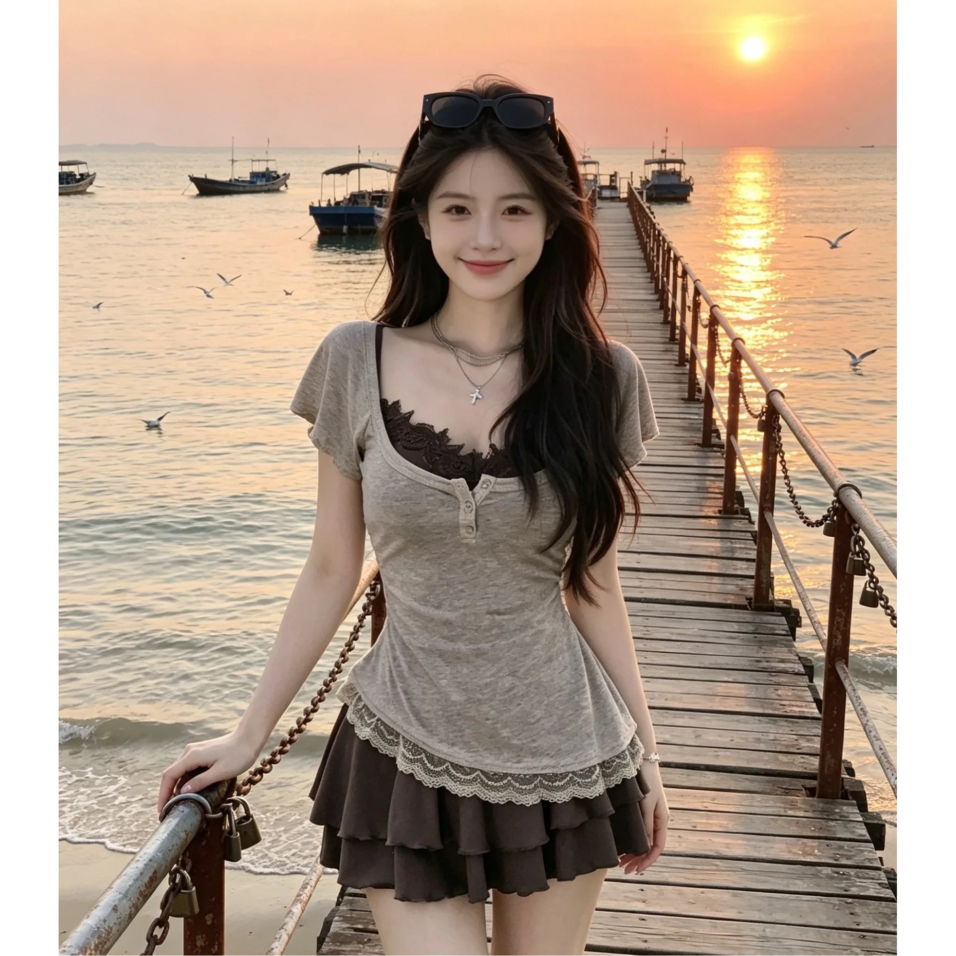 plus Size Women's Vintage Lace Splice Tank Top And  Skirt Set Summer Slimming High Waist Casual Sportswear Ensemble
