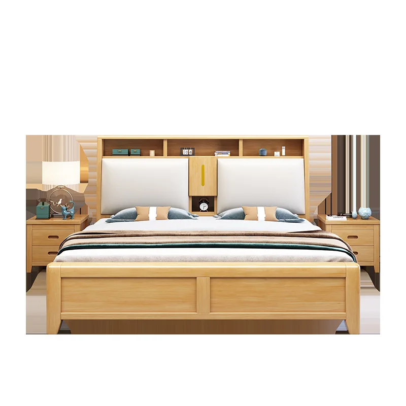 

Nordic solid wood bed, modern simple bedside storage with night light double bed 1.8 meters