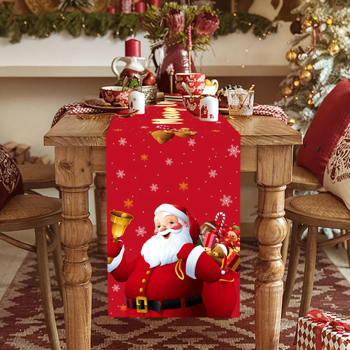 Christmas Holiday Table Runner, Santa with Handheld Bell Print, Merry Christmas Decor for Family Gathering & Tableware Decor