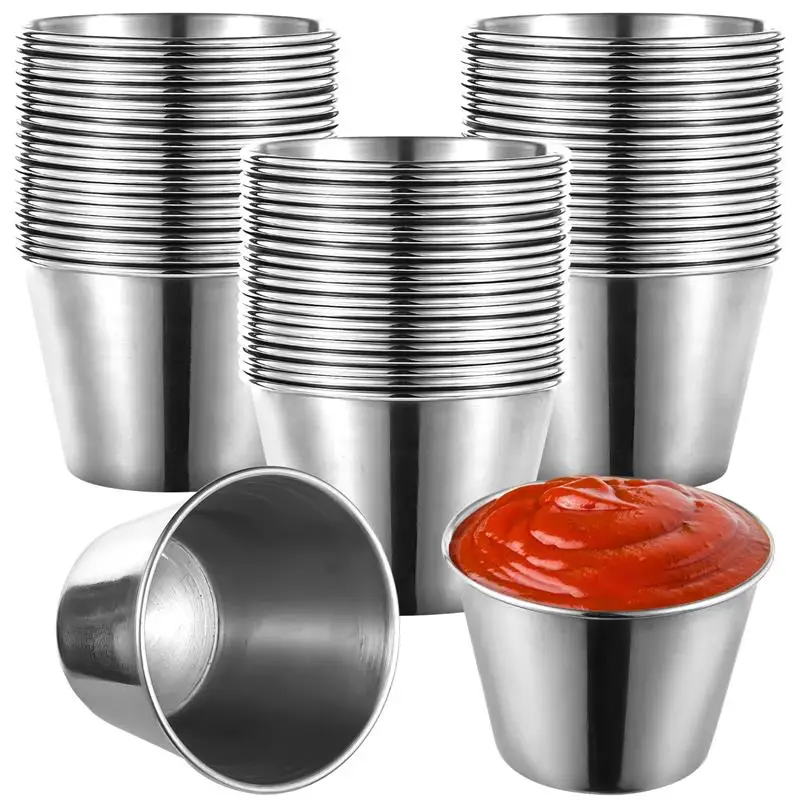 60Pcs Sauce Cups Bulk 2.2oz Stainless Steel Dipping Sauce Cups Small Metal Condiment Cups Reusable Round Dipping Bowls Sauce Cup