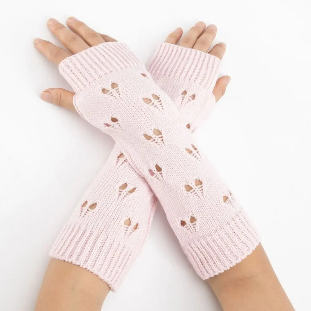 Touch Screen Heart Knitted Fingerless Gloves Elastic Wristband Hollow Out Loose Gloves Fingerless Windproof Half Finger Sleeves