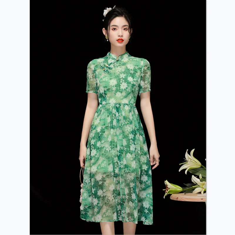 Vintage Chiffon Dress Young Girl Summer Stand Collar Short Sleeve Slim Green Printed Improved Cheongsam