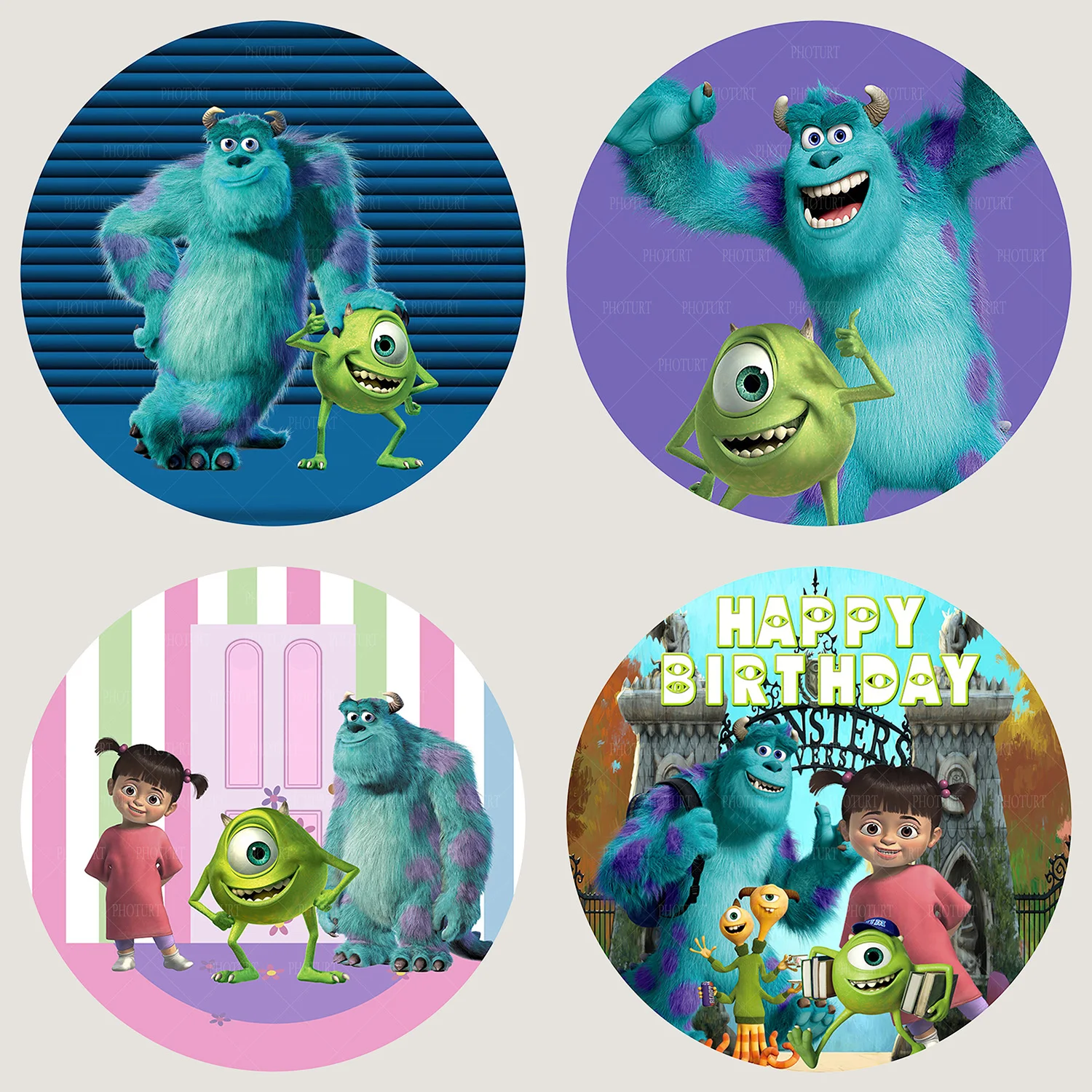 

Disney Round Monsters University Backdrop Kids Birthday Photography Background Green Circle Surface Banner Decoration Props