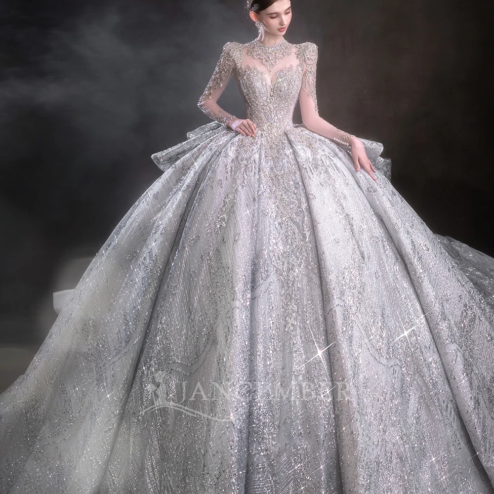 تخصيص الكرة بثوب فساتين الزفاف الراين الأورجانزا ثوب الزفاف الوهم طويلة الأكمام قطار الكاتدرائية Vestido De Noiva