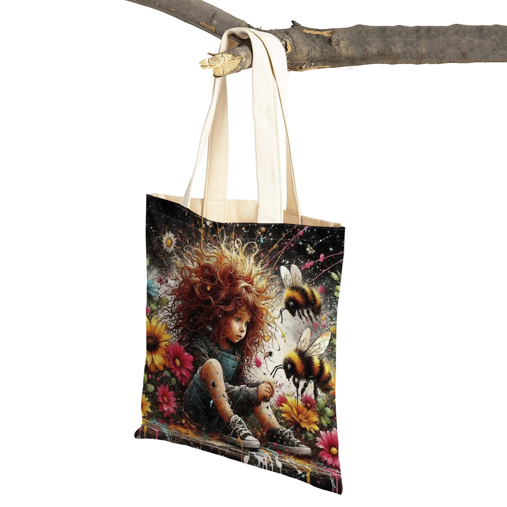Fairy Tale Girl Bee Shopper Bag Double Print Shopping Bags Children Gift Casual Cute Cartoon Women Tote Lady Handbag