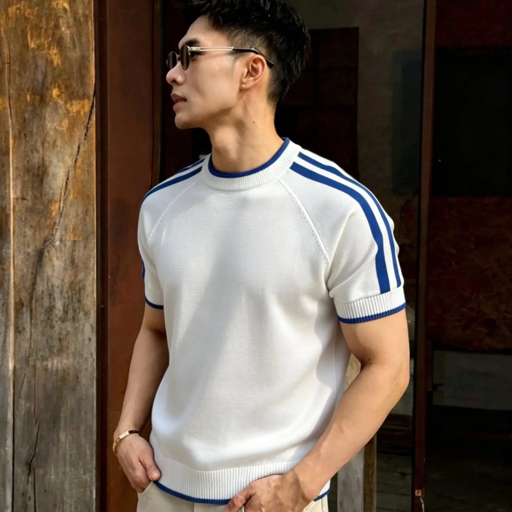 

2026 Summer Men's Round Neck Knitted T-shirt Short Sleeve Ice Silk Breathable Casual Business Knit Sweater Tee Top Men Clothing