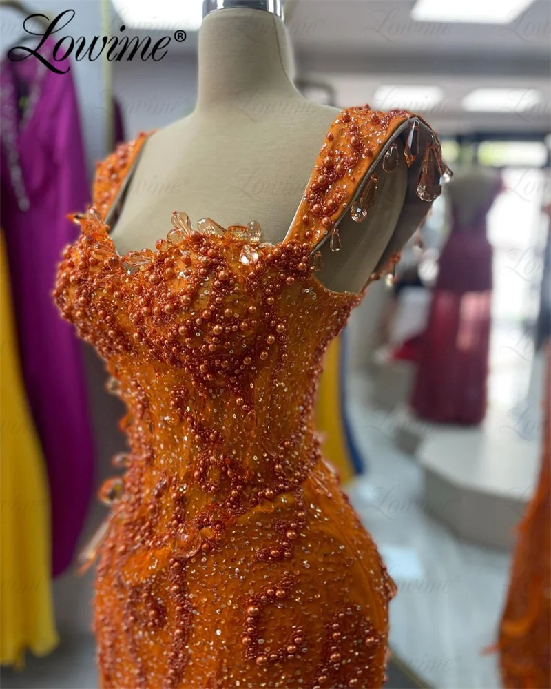 Lowime Orange Mermaid Feathers Evening Gowns Formal Beaded Crystals Arabic Party Drsses For Women 2024 Customized Prom Dresses