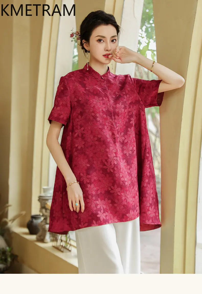 KMETRAM 100% Mulberry Silk Xiangyunsha Blouese for Women 2026 Summer Loose Mid-length Short Sleeved Floral Blouse Blusa Feminina