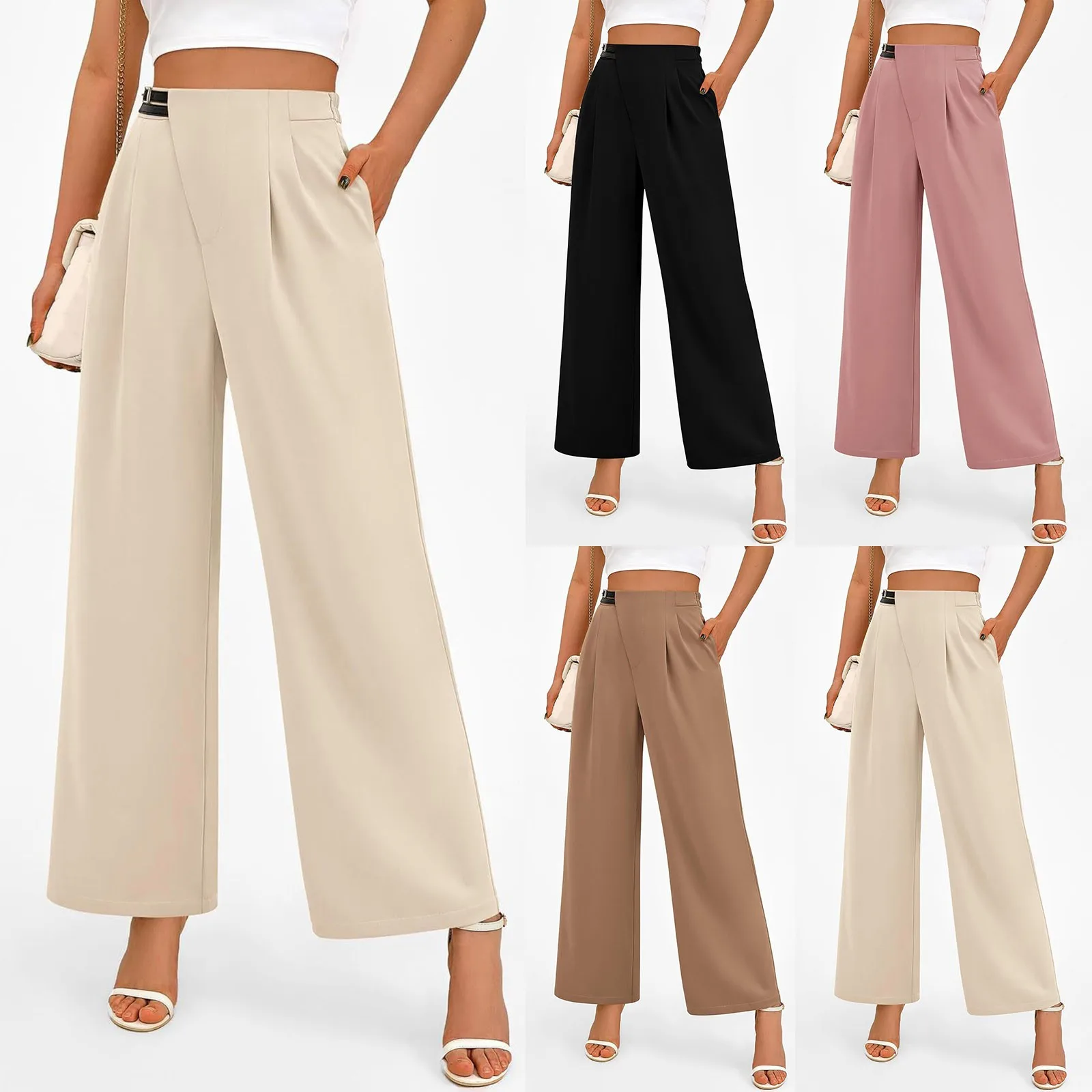 

Women Suits Pants High Waist Draped Solid Color Wide Leg Trousers Office Business Loose Elastic Casual Straight Pant For Ladies