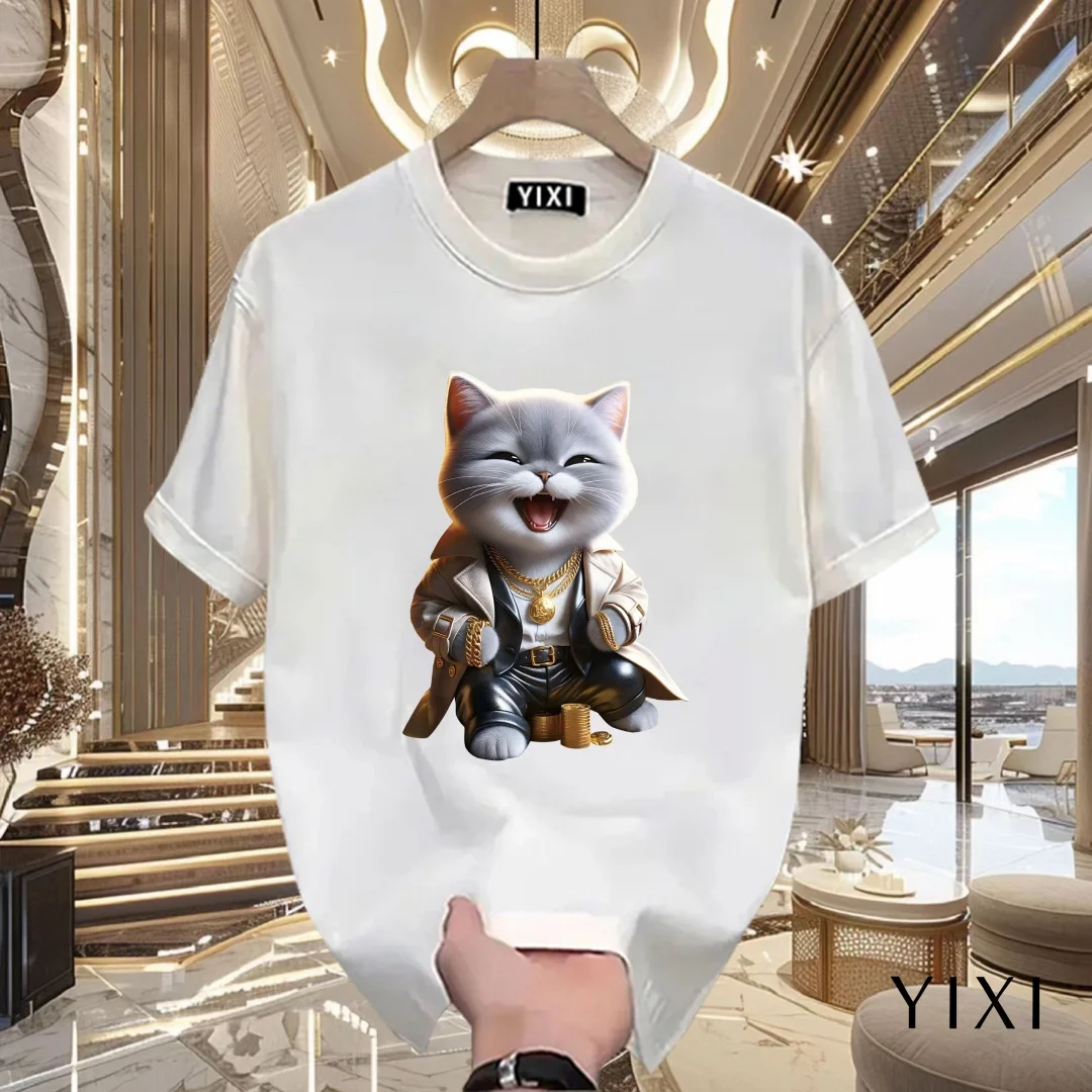 Футболка с рисунком кота в стиле аниме, летняя модная футболка для отдыха, высококачественная универсальная дышащая мужская и женская футболка из чистого хлопка Y2K