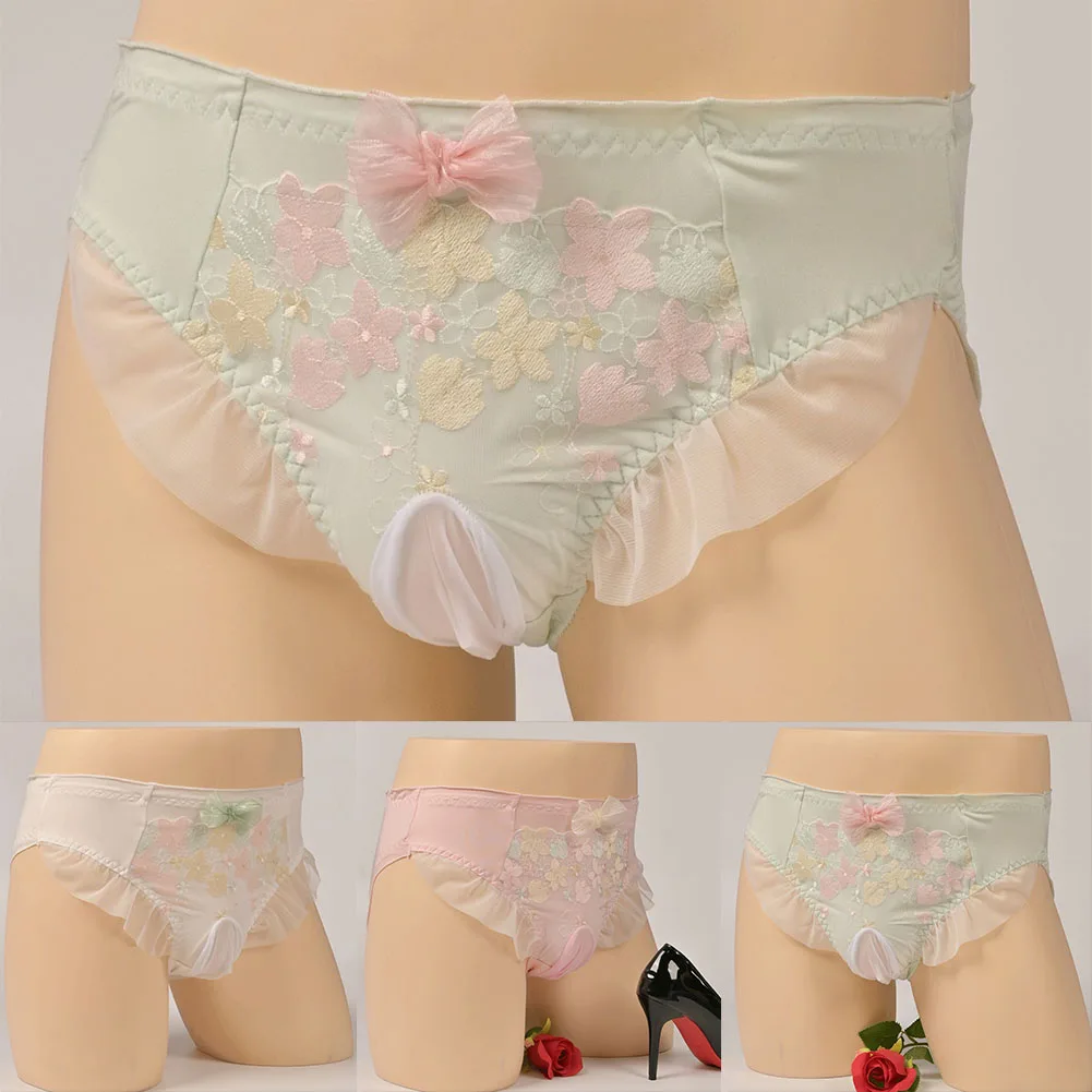

For Nighttime Use Mens Sissy Briefs Nightwear Breathable Floral Lace Underwear Bulge Pouch Sheer Flowers Design