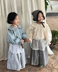 Girls Shirts Korean Children Clothes 2024 Spring New Solid Lapel Short Shirt Cotton Blouse Pleated Lace Cute Puff Long Sleeve