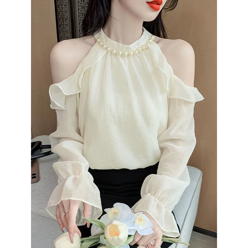 Strapless Long Sleeved Shirt Female Summer Attire 2024 Westernization Hollow Out Off Shoulder Fashion Halter Strapless Tops